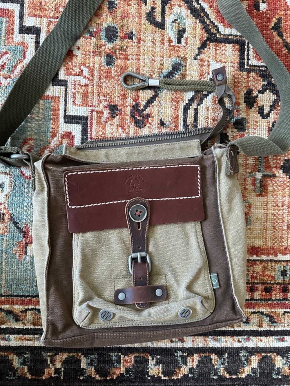 Canvas Crossbody Messenger Bag in Olive and Brown